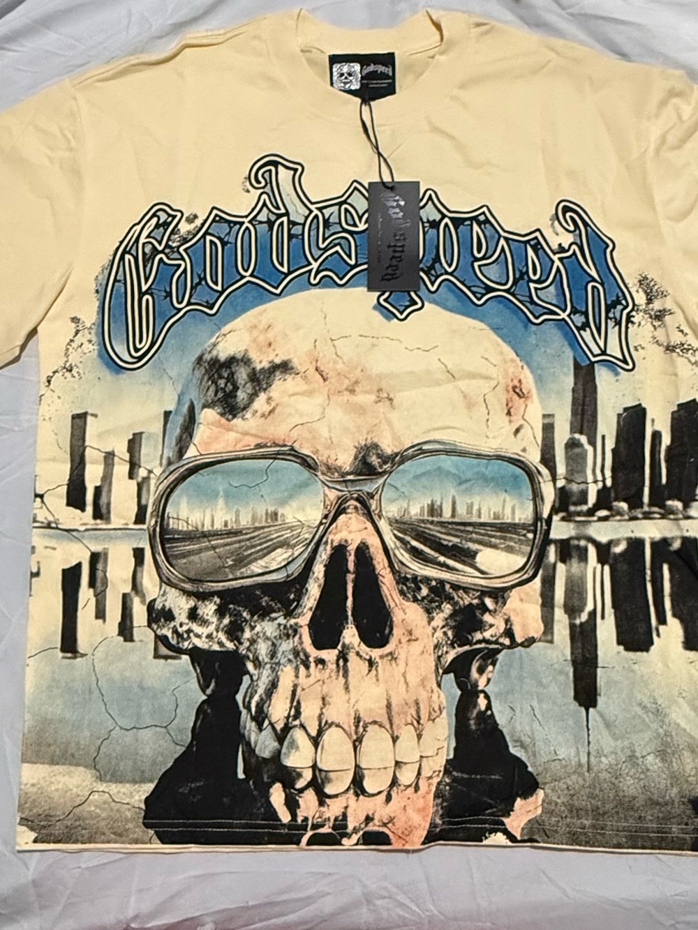 Godspeed Skull Graphic T-Shirt Cream Size M | Oversized Streetwear | New Wit tgs